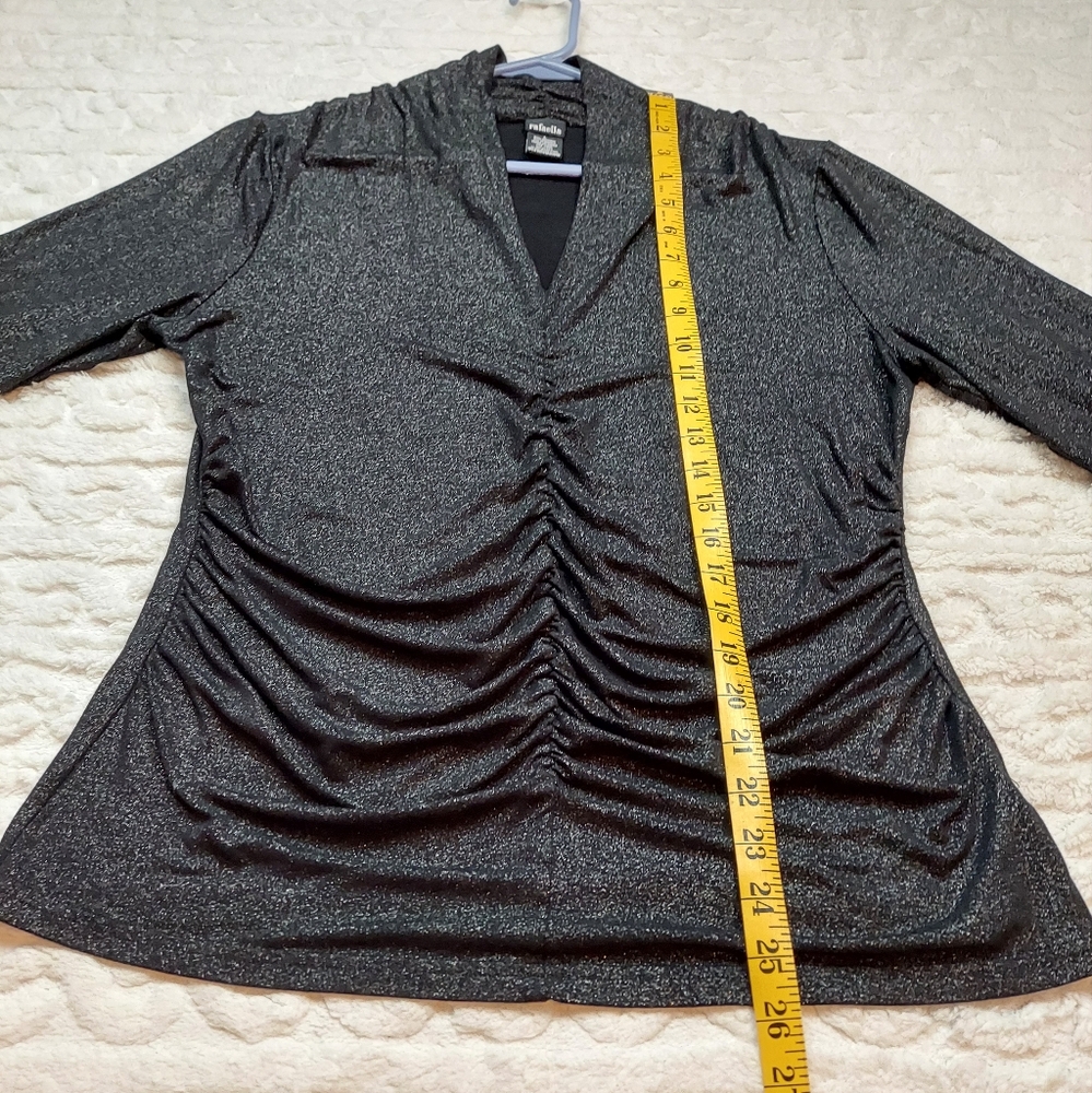 Rafaella Black Silver Sparkle Ruched 3/4 Sleeve Stretch Blouse Size L - Picture 2 of 9